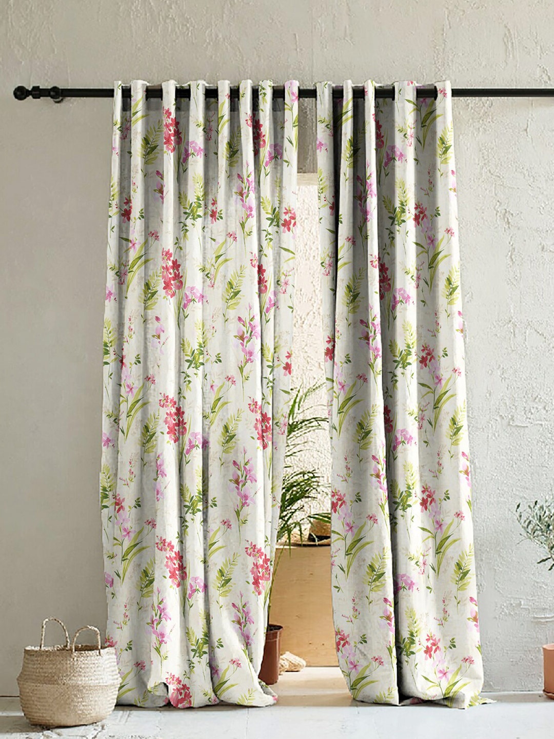 

SPACES Set of 2 White & Pink Floral Room Darkening Door Curtains