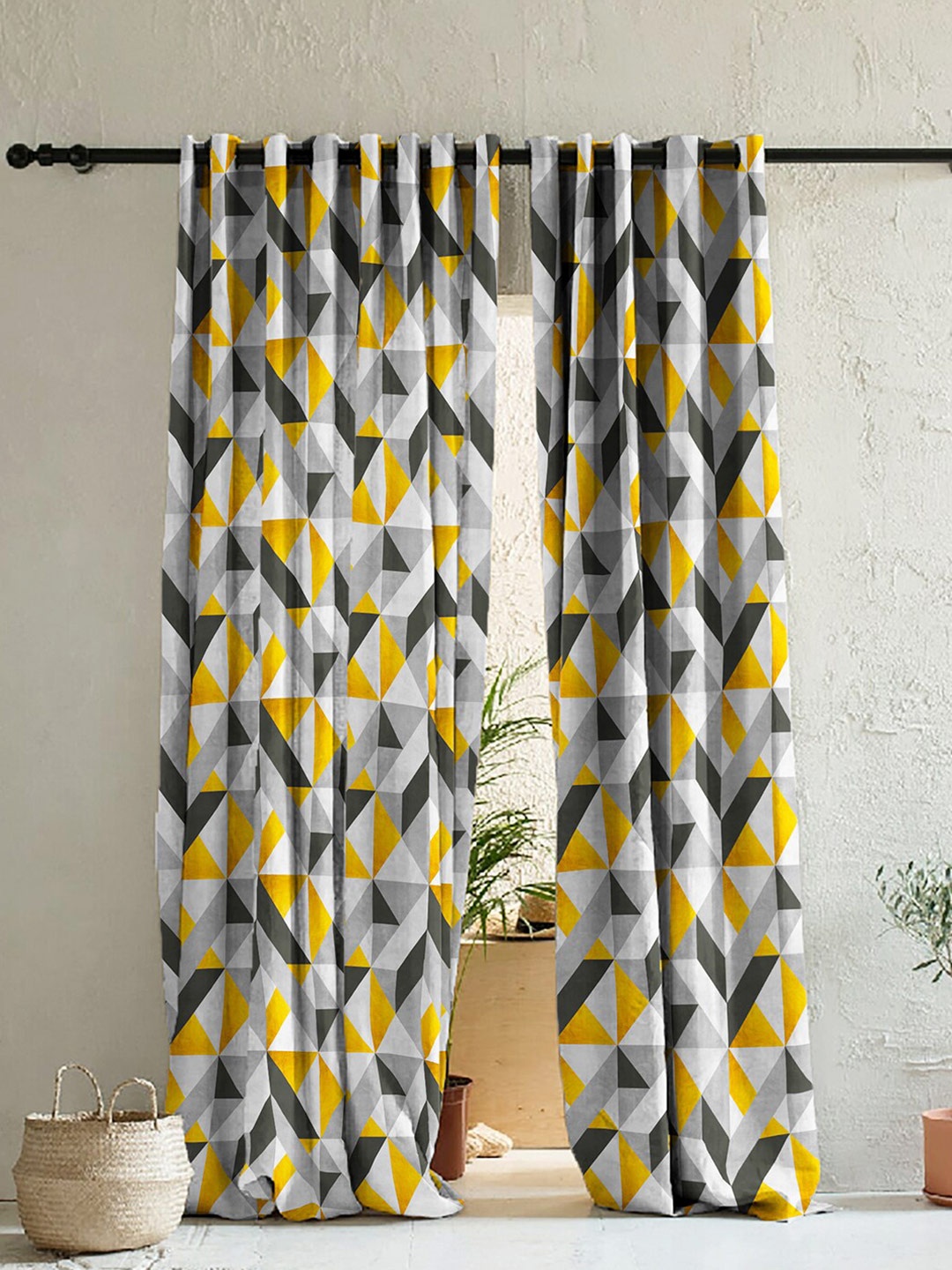 

SPACES Set of 2 Grey & Yellow Geometric Room Darkening Door Curtains