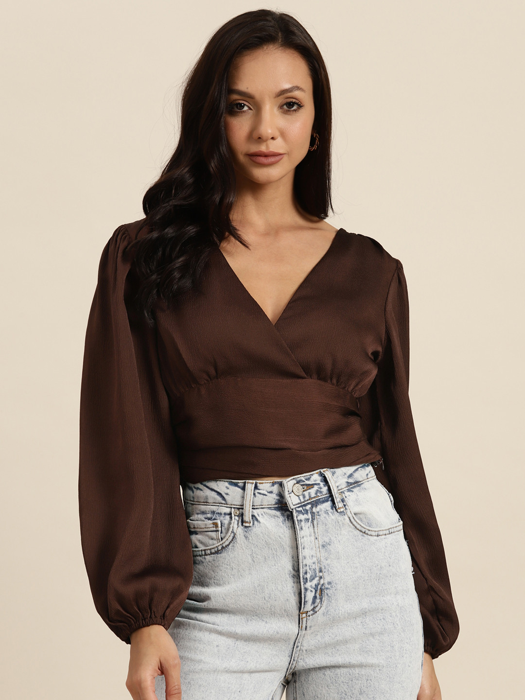 

Moda Rapido Puff Sleeves Wrap Crop Top, Brown