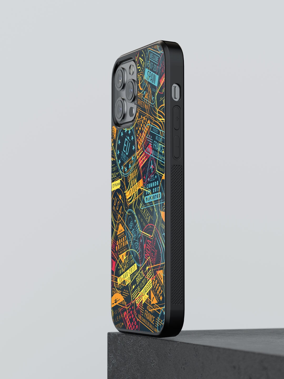 

macmerise Yellow & Black Printed Immigration Stamps Neon Design iPhone 13 Pro Bumper Phone Back Case