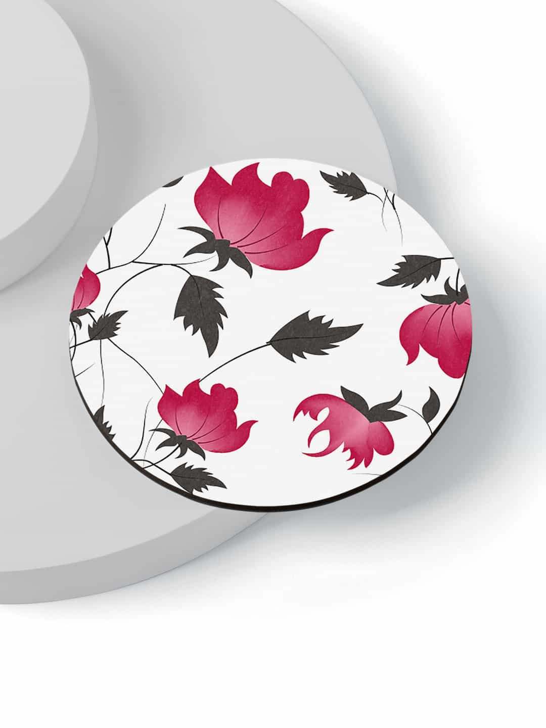 

macmerise Set Of 6 Red Floral Printed Circular Coasters, White