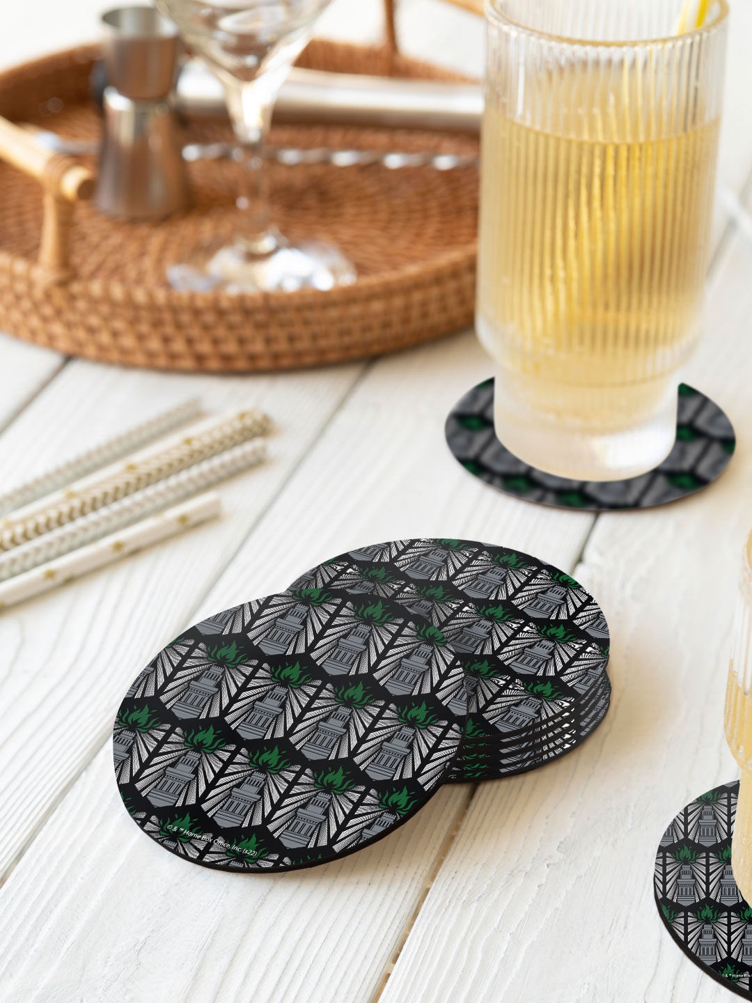 

macmerise Set Of 6 Printed Light the Way Pattern Designed Circular Coasters, Black