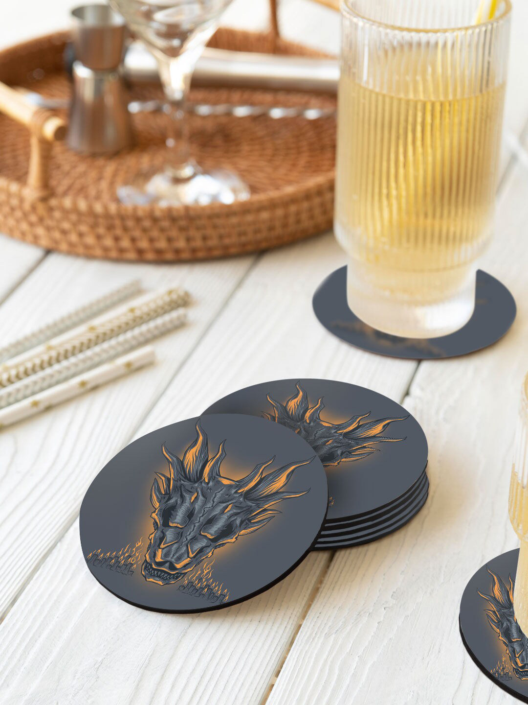 

macmerise Set Of 6 Printed Old Dragon Designed Coasters, Grey