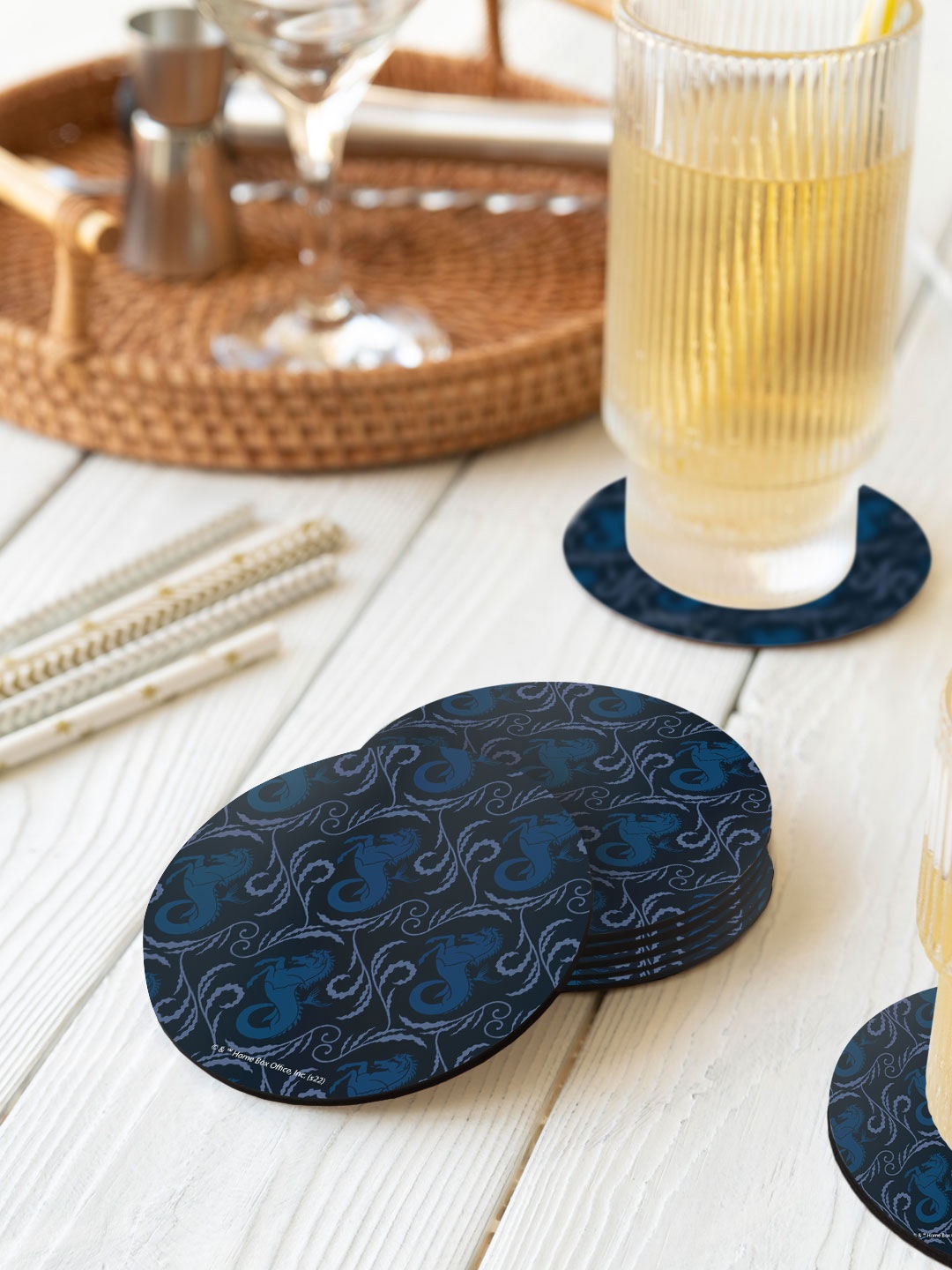 

macmerise Pack Of 6 Printed Navy Blue Velaryon Sigil Pattern Designed Circular Coasters