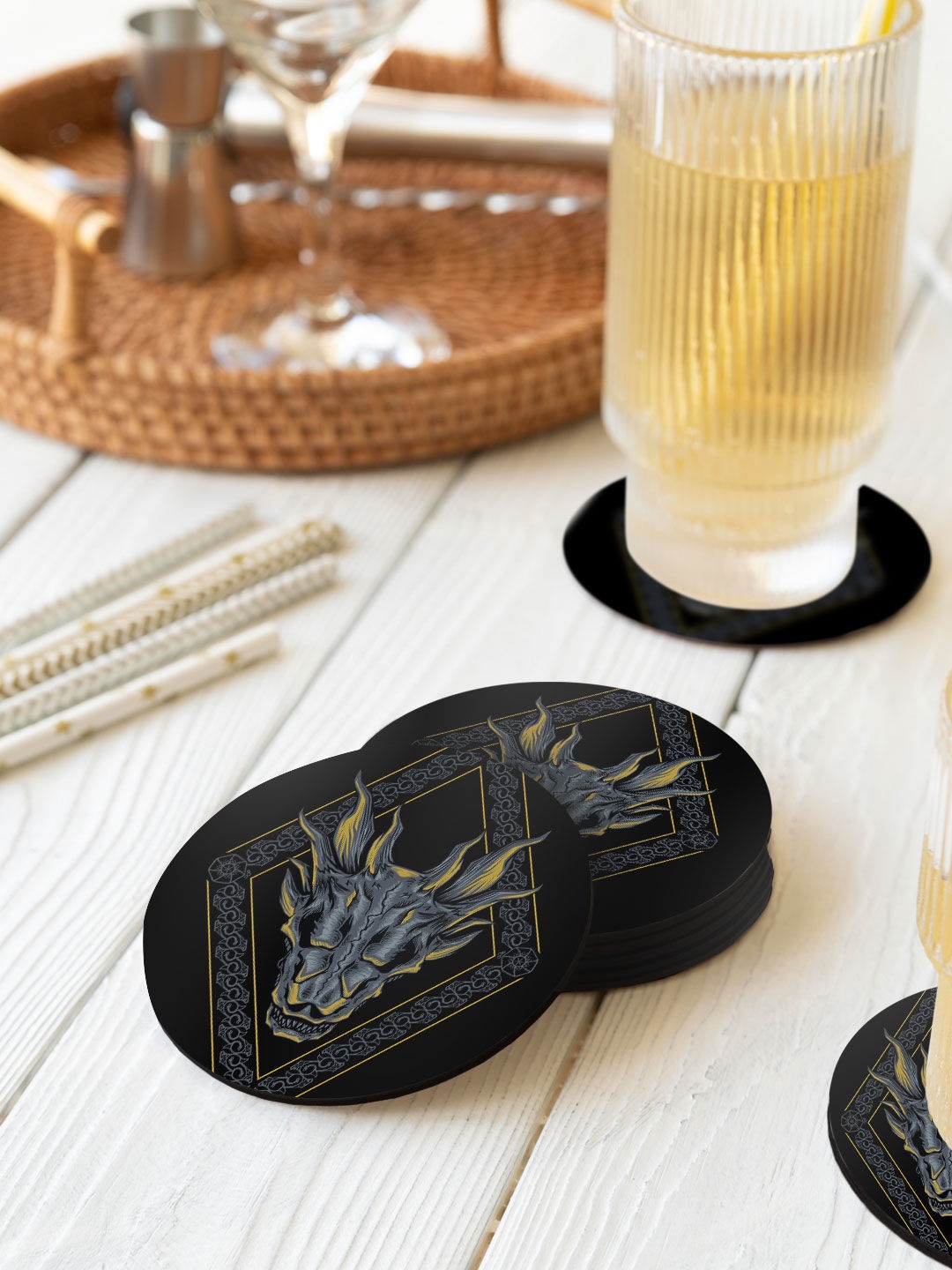 

macmerise Pack Of 6 Grey Printed Dragon Designed Circular Coasters, Black