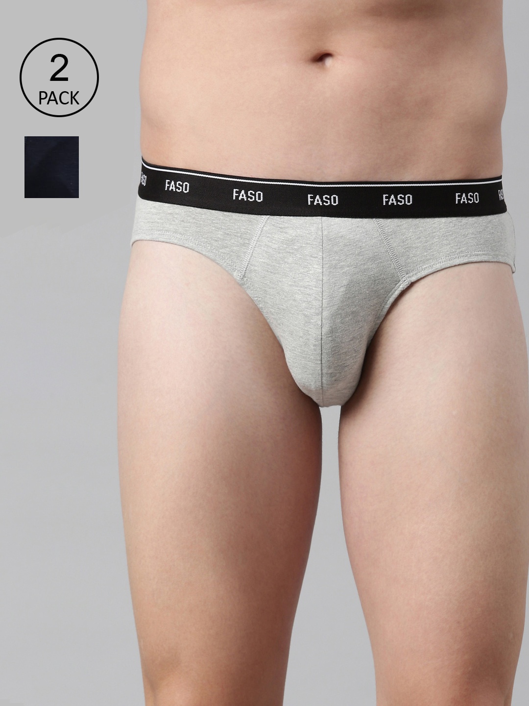 

FASO Men Grey & Navy Blue Pack Of 2 Solid Cotton Basic Briefs, Grey melange