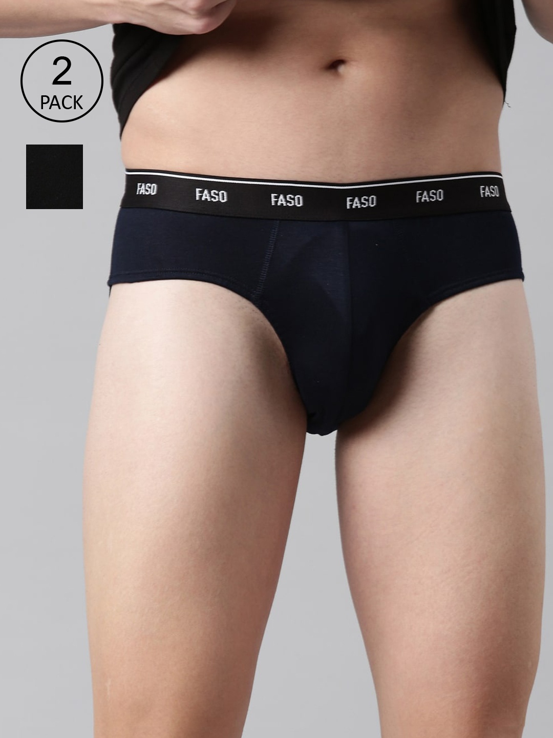 

FASO Men Black & Navy Blue Pack Of 2 Solid Cotton Basic Briefs