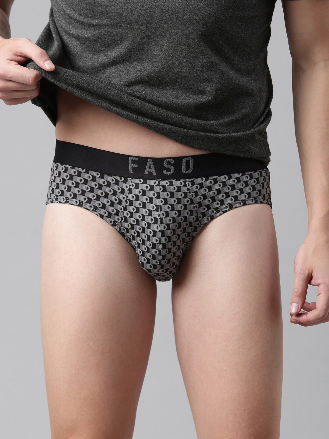 

FASO Men Grey & Black Printed Cotton Basic Briefs