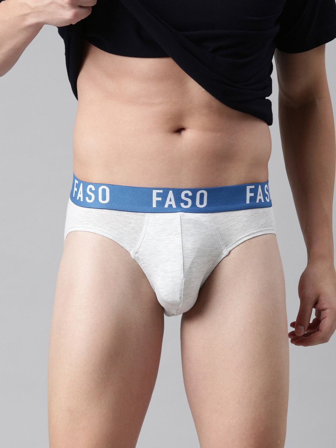 

FASO Men Grey & Blue Solid Cotton Basic Briefs