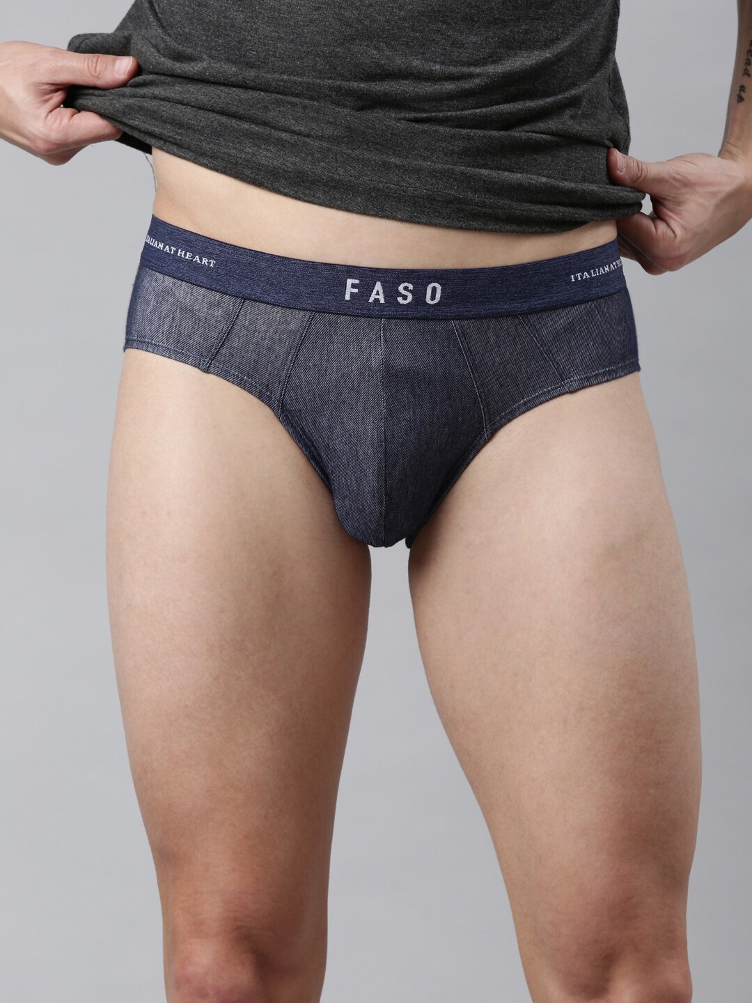 

FASO Men Grey & Blue Solid Cotton Basic Briefs