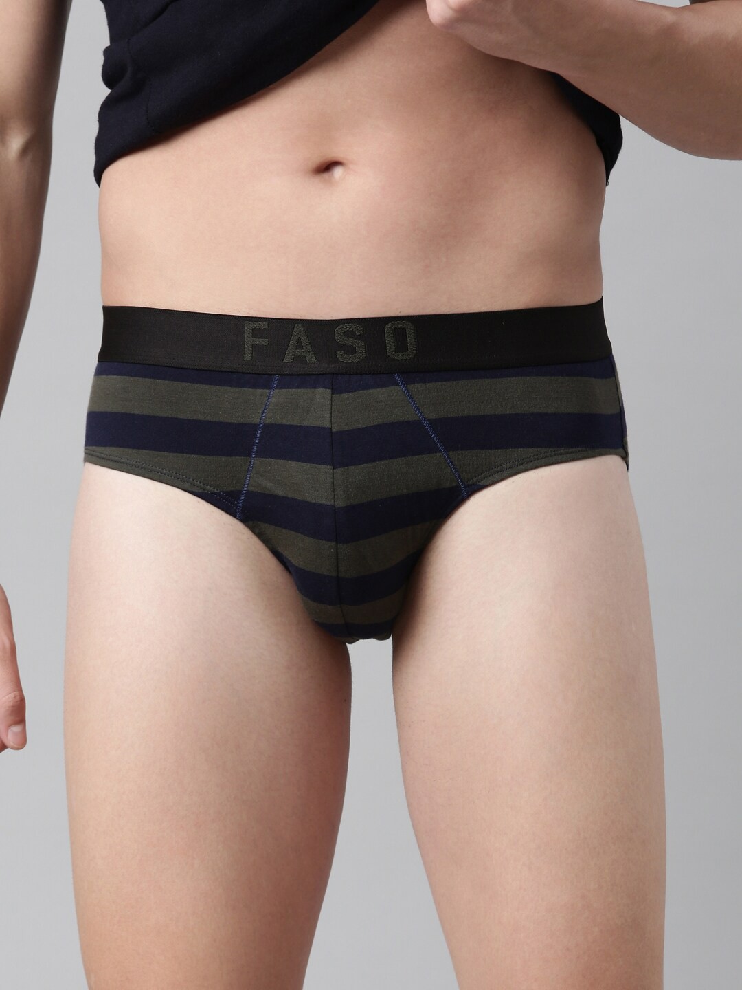 

FASO Men Olive-Green & Navy Blue Striped Cotton Basic Briefs