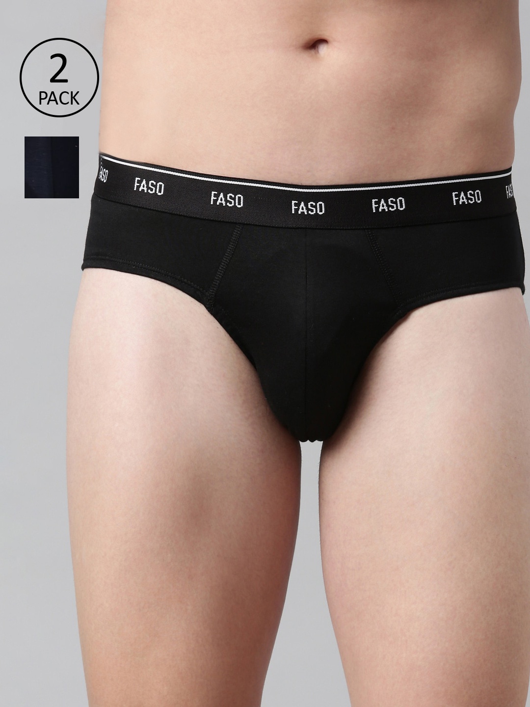 

FASO Men Black & Navy Blue Pack Of 2 Solid Cotton Basic Briefs