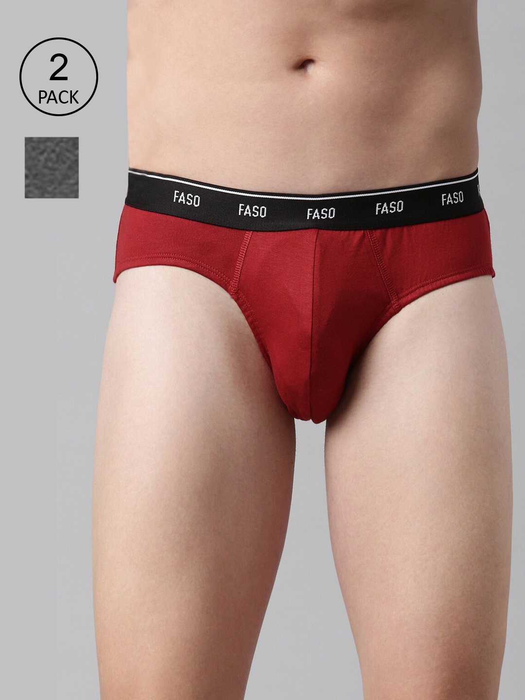 

FASO Men Red & Grey Pack Of 2 Solid Pure Cotton Basic Briefs, Maroon
