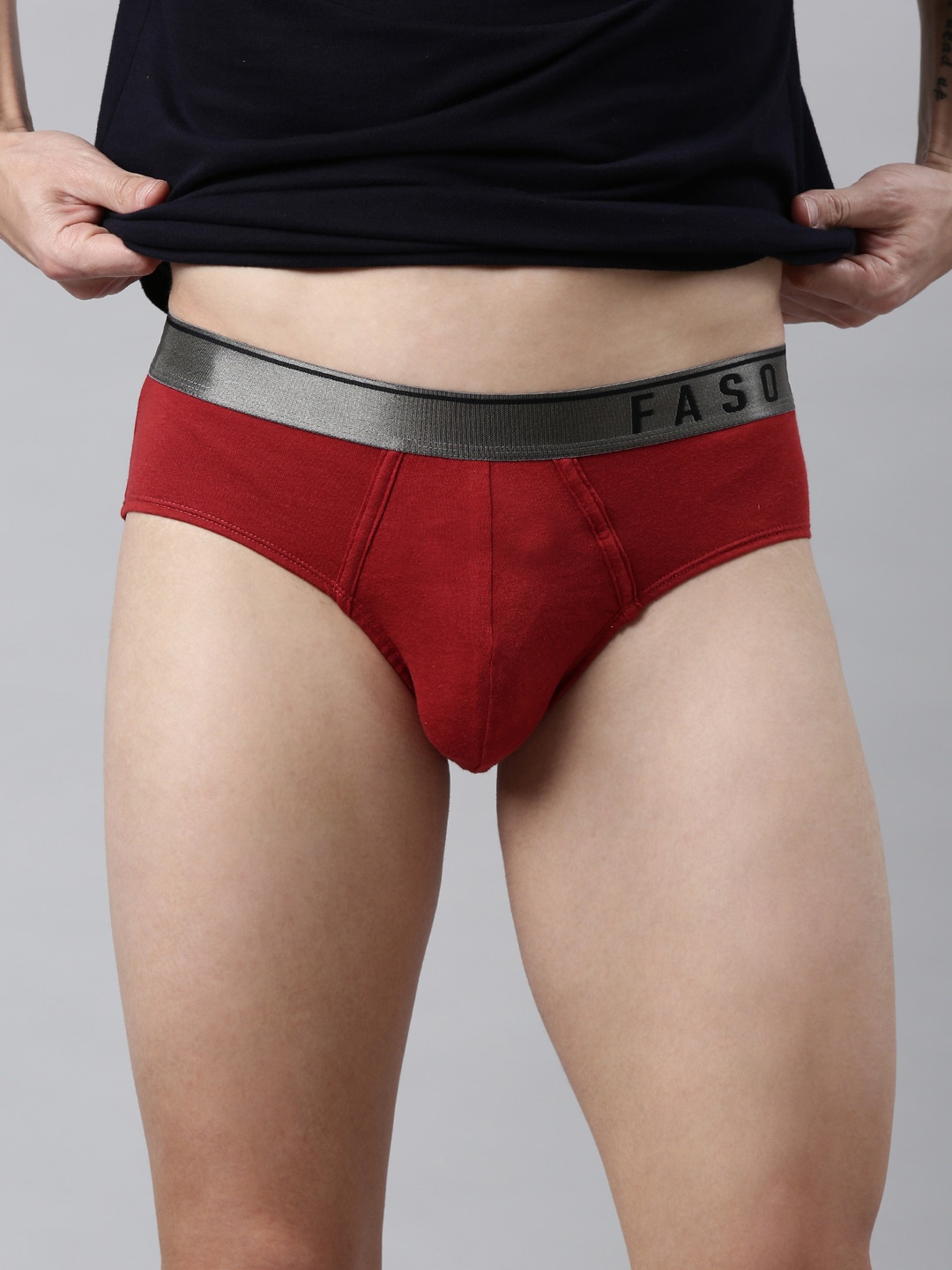 

FASO Men Maroon & Charcoal Solid Cotton Basic Briefs