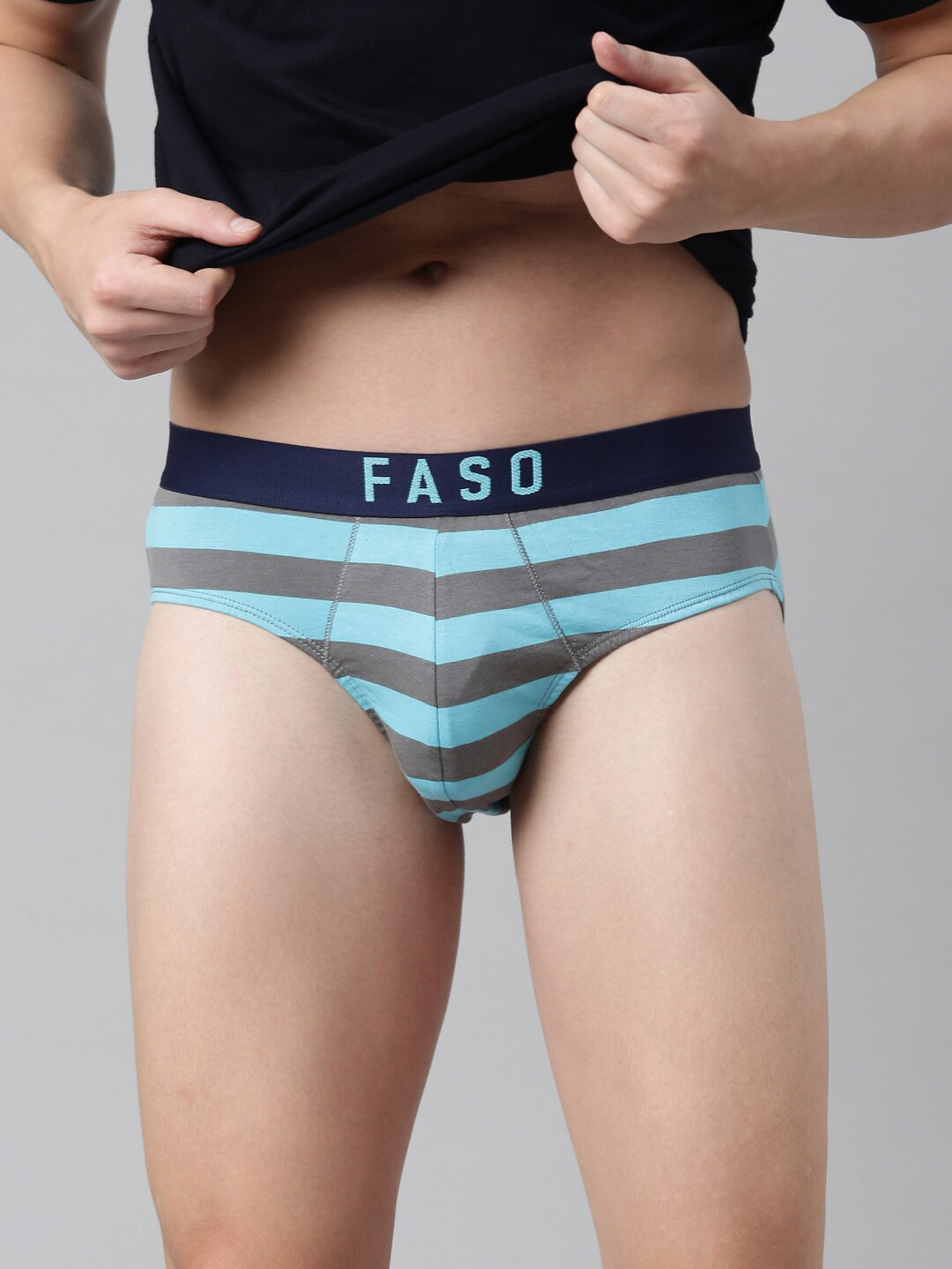 

FASO Men Turquoise Blue & Grey Striped Pure Organic Cotton Basic Briefs