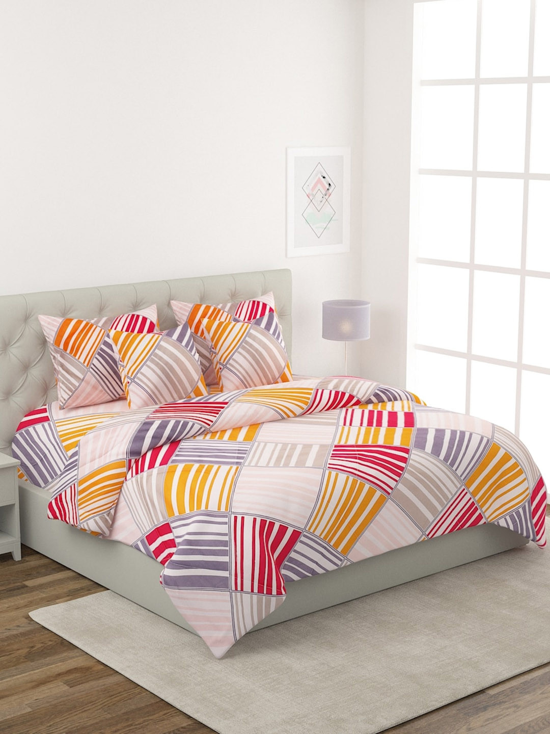 

ROMEE Printed Cotton Double Queen Bedding Set, White