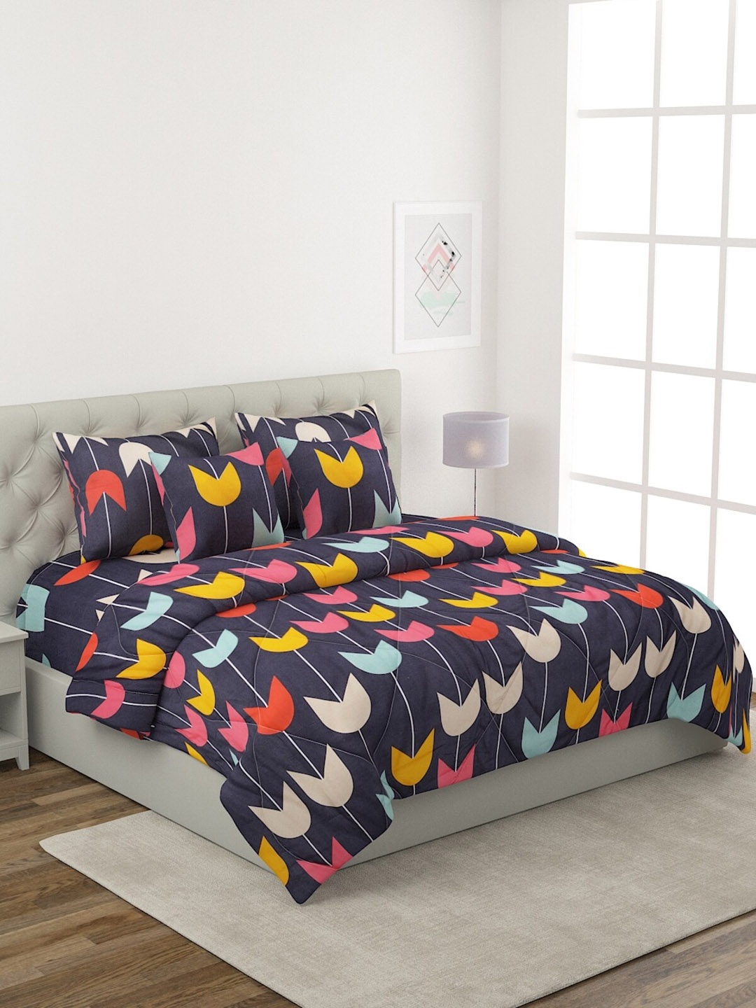 

ROMEE Navy Blue & Yellow Printed Cotton Bedding Set