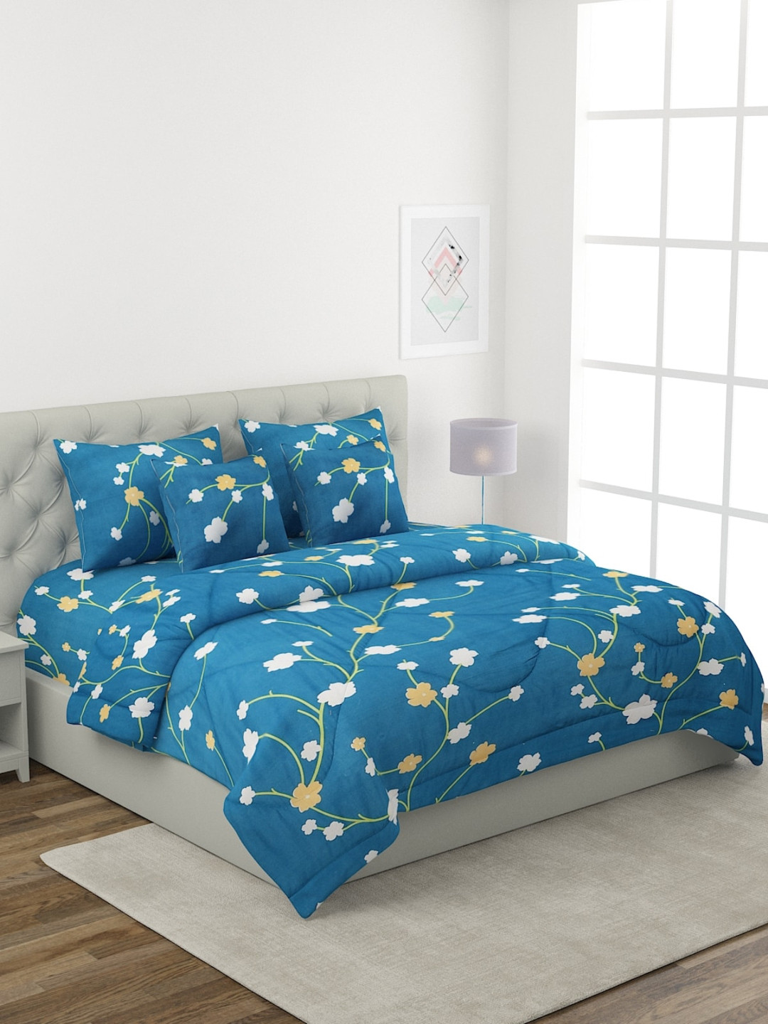 

ROMEE Blue & White Printed Cotton Double Queen Bedding Set