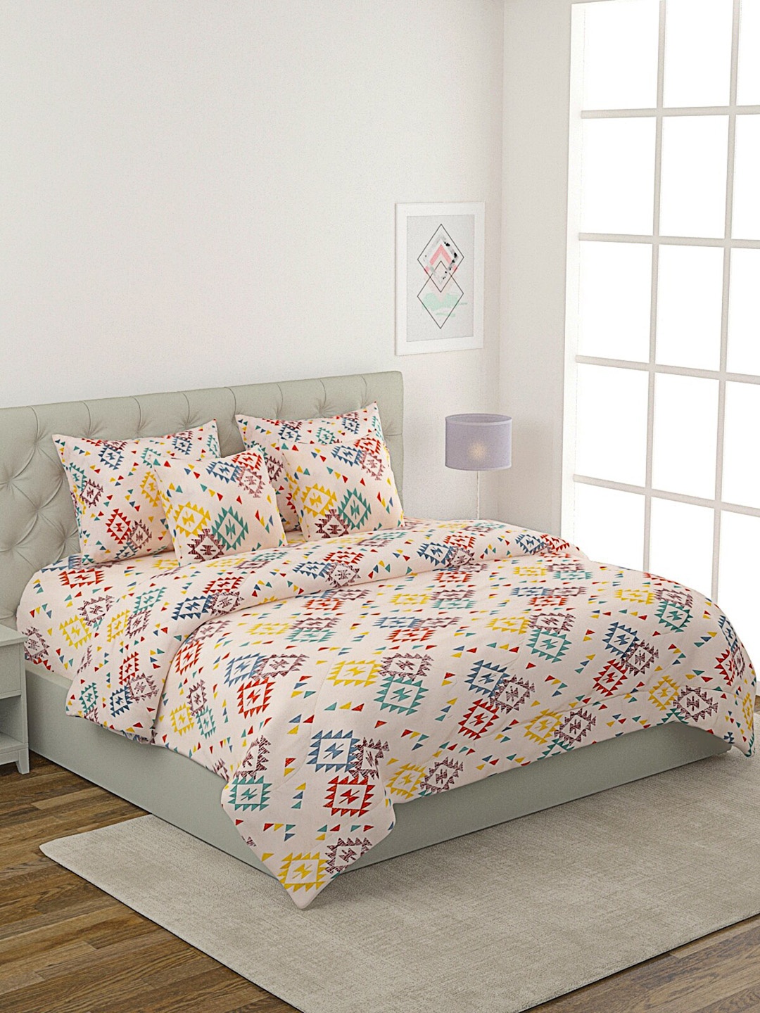 

ROMEE Cream-Colored Printed Cotton Double Queen Size Bedding Set