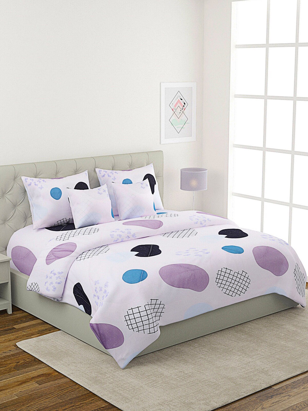 

ROMEE White & Purple Printed Cotton Double Queen Bedding Set