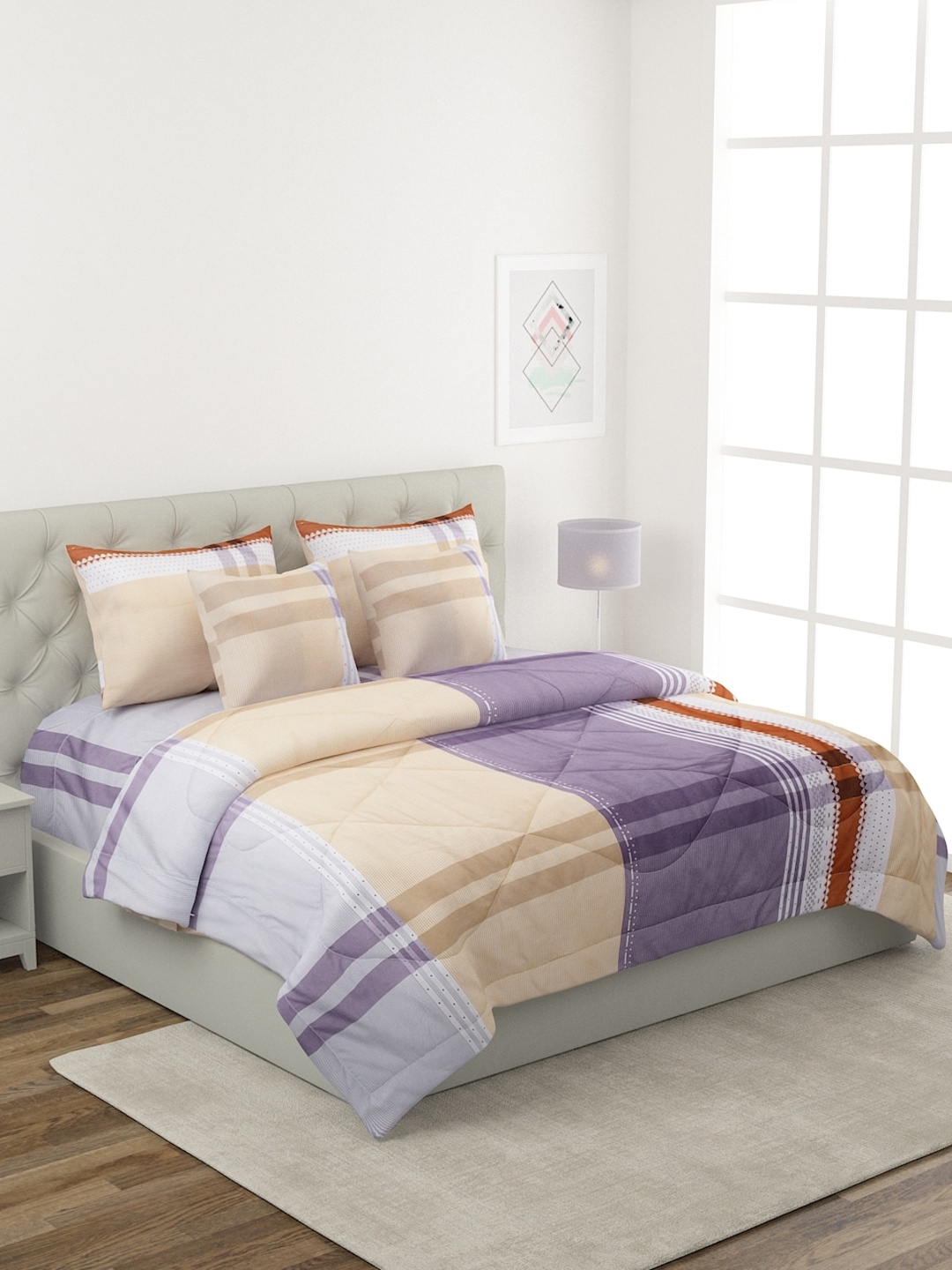

ROMEE Beige & Blue Printed Double Queen Bedding Set With Comforter