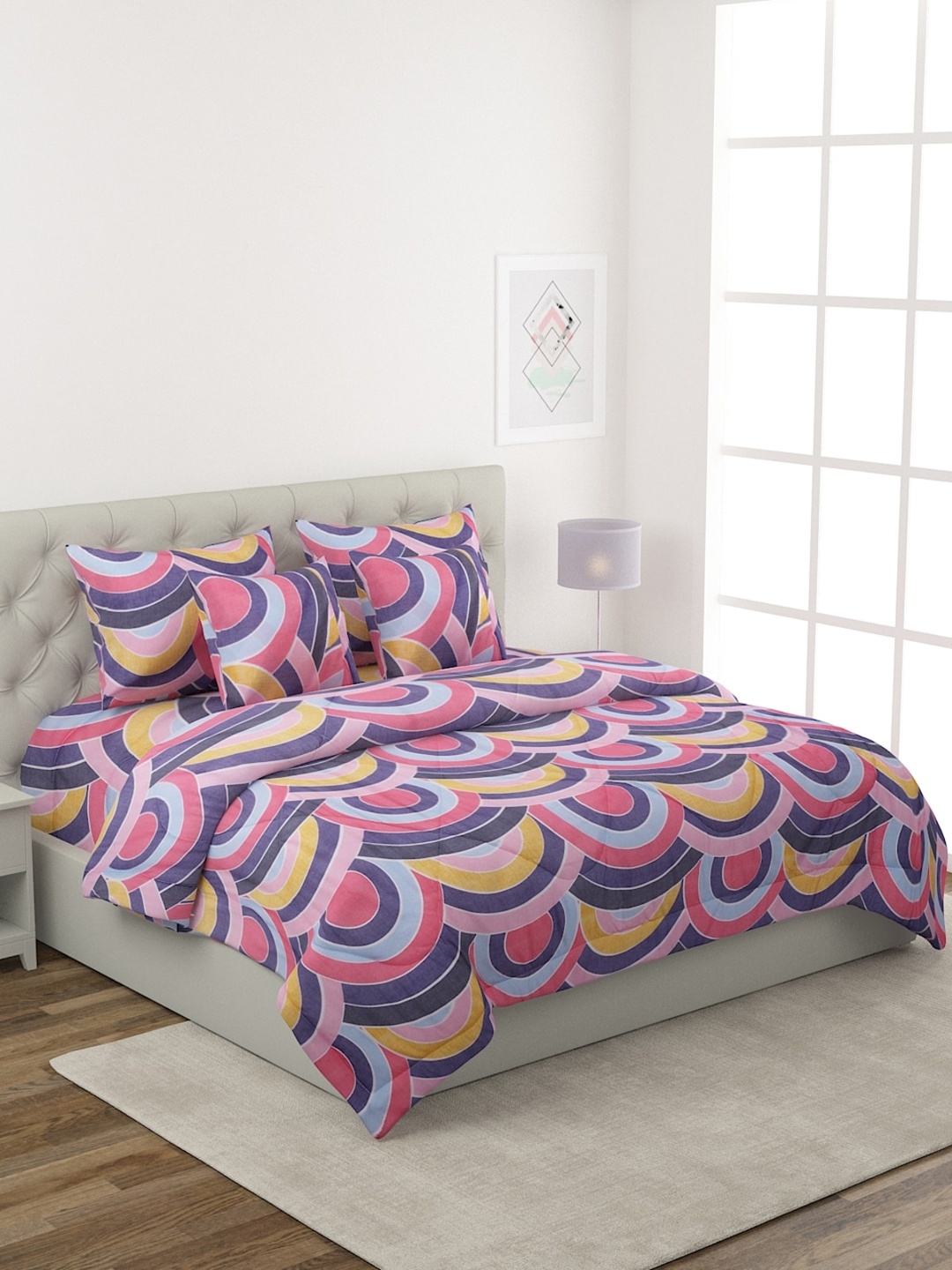 

ROMEE Blue & Pink Geometric Printed Cotton Double Queen Bedding Set