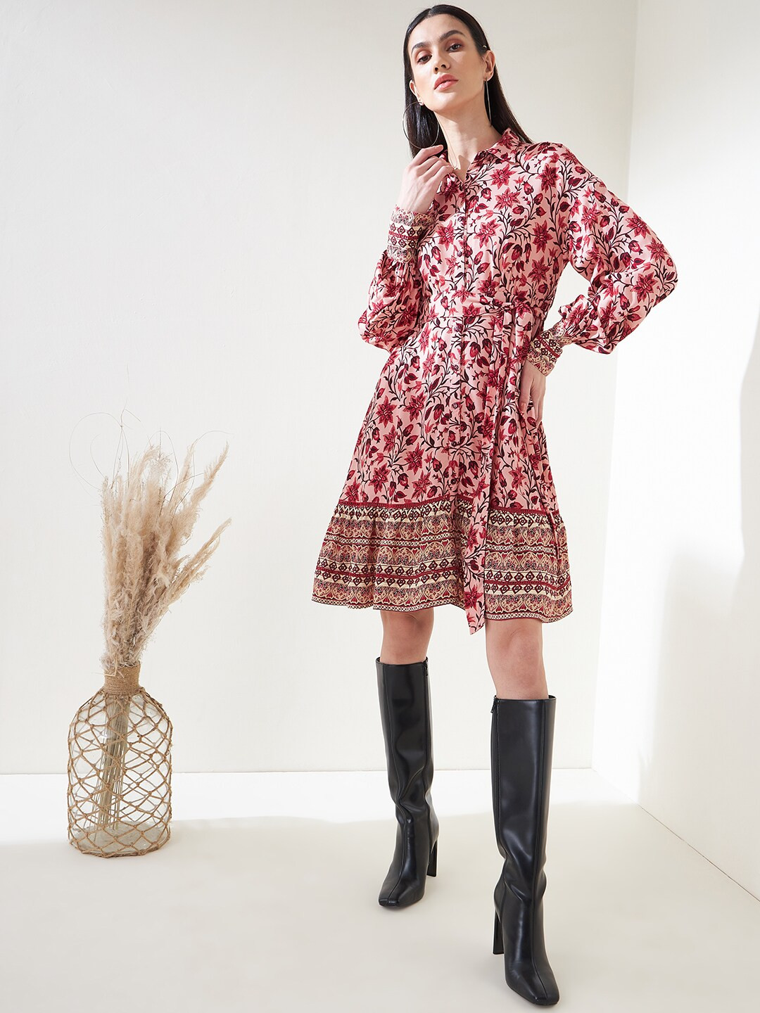 

Femella Women Pink & Red Floral A-Line Midi Dress