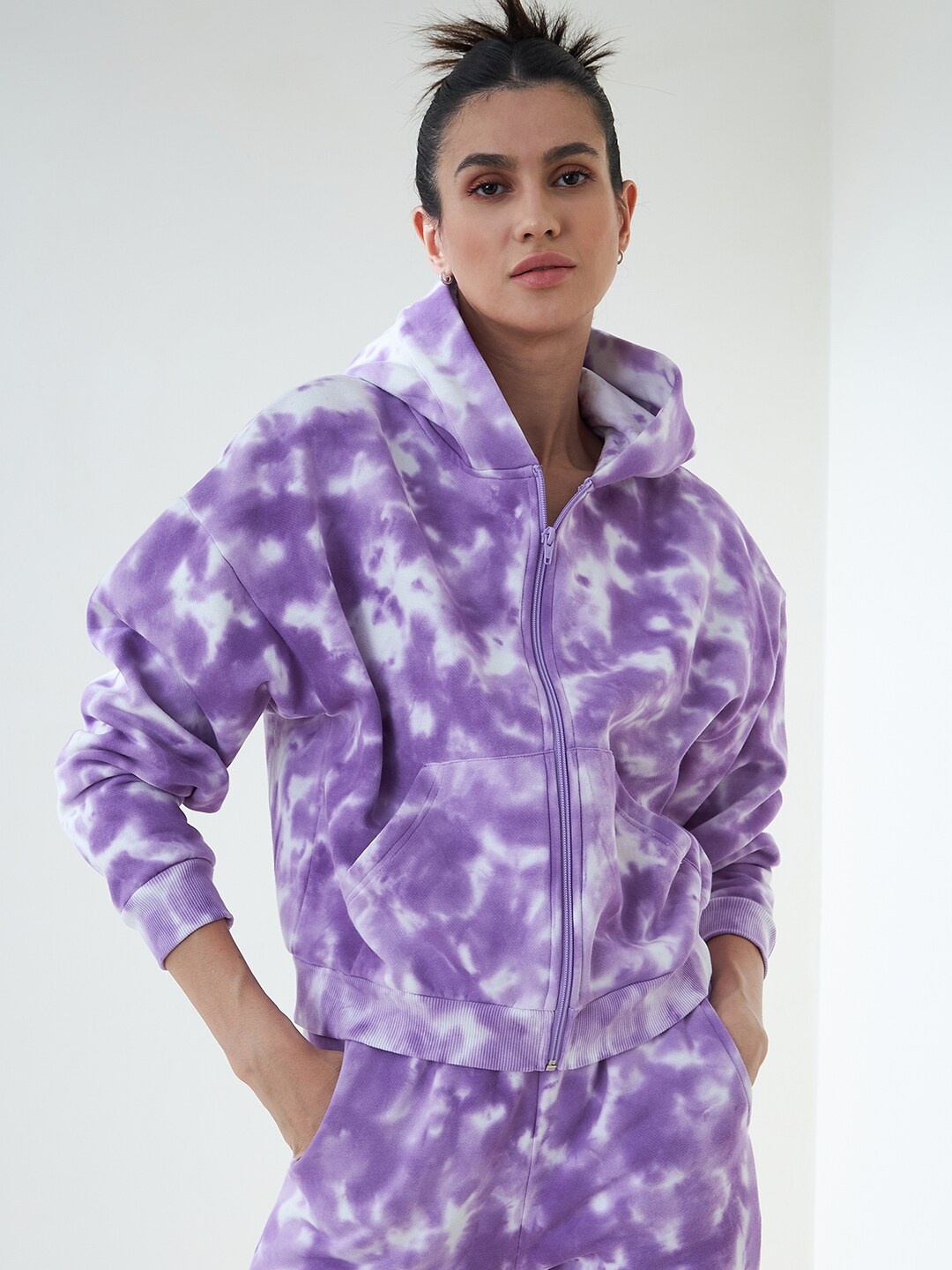 

Femella Women Lavender Printed Hooded Cotton Sweatshirt