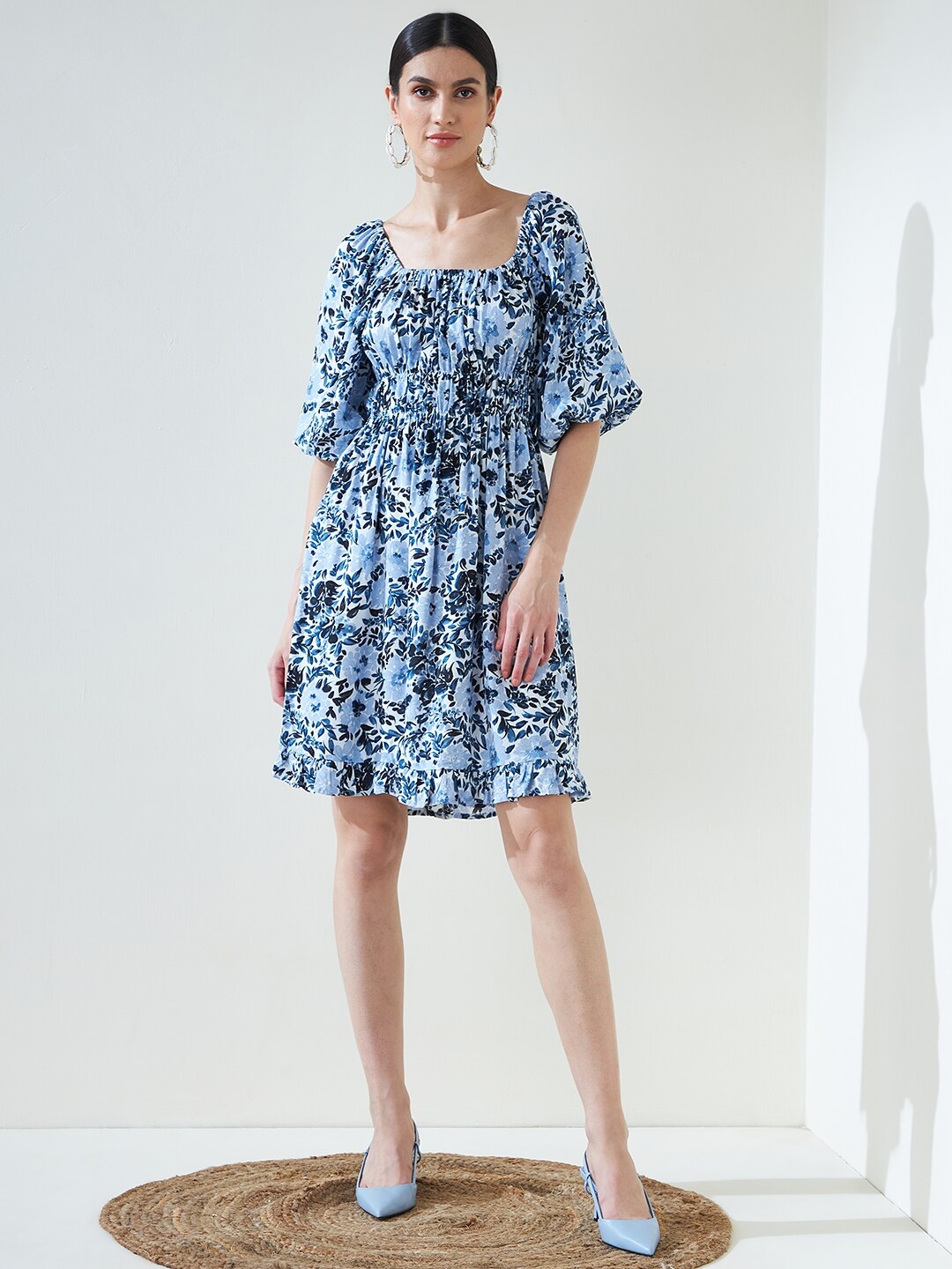 

Femella Floral Printed Fit and Flare Dress, Blue