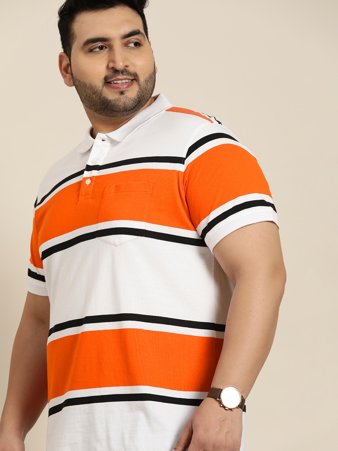 

Sztori Men Plus Size White & Orange Striped Polo Collar T-shirt