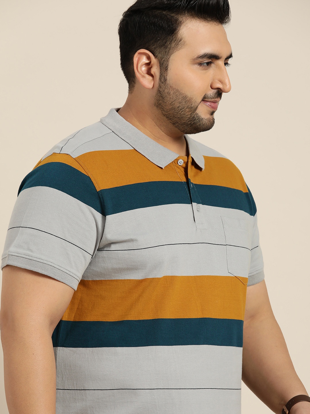 

Sztori Men Plus Size Grey & Mustard Yellow Striped Polo Collar T-shirt
