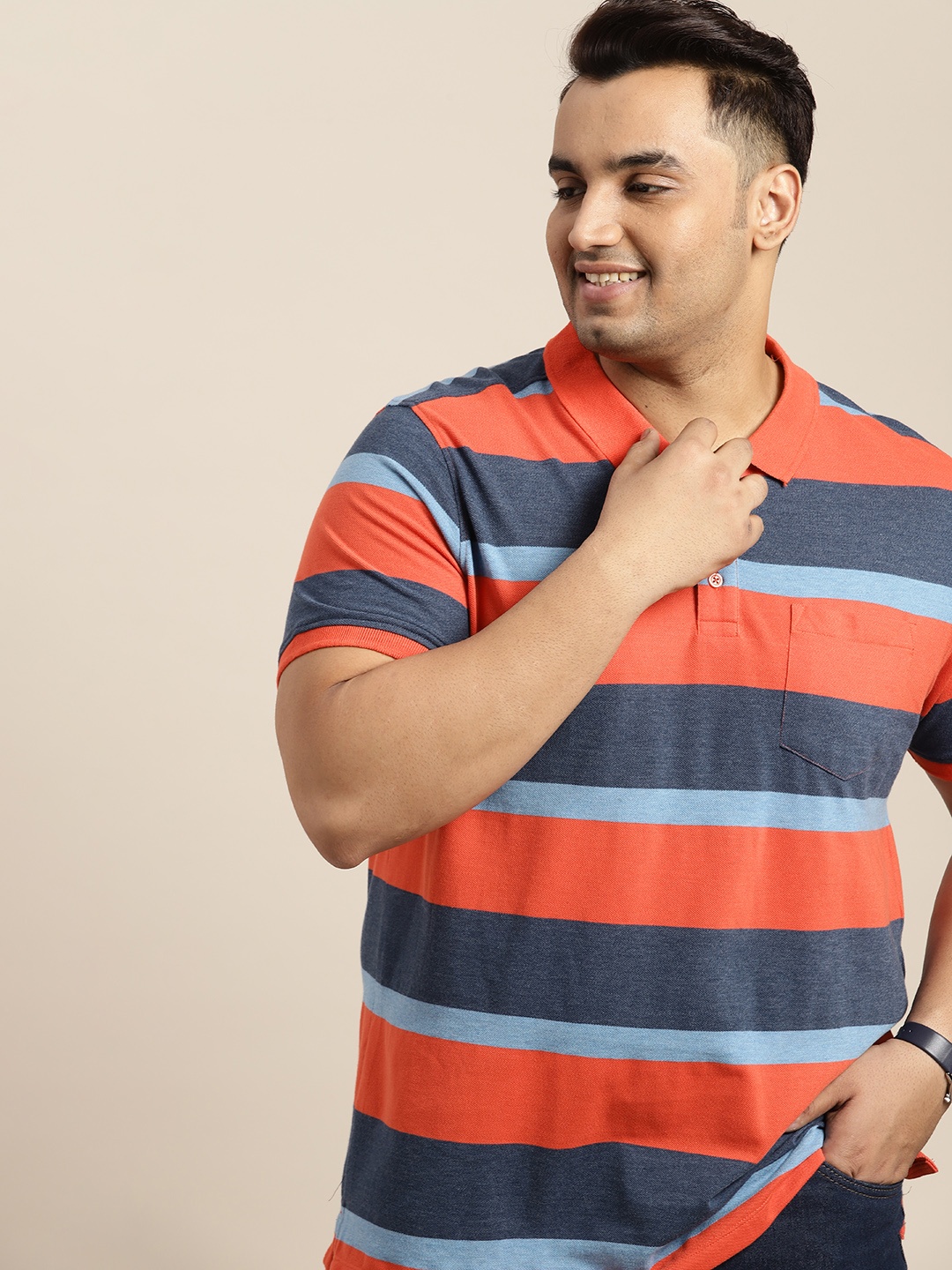 

Sztori Plus Size Pure Cotton Striped Polo Collar T-shirt, Navy blue