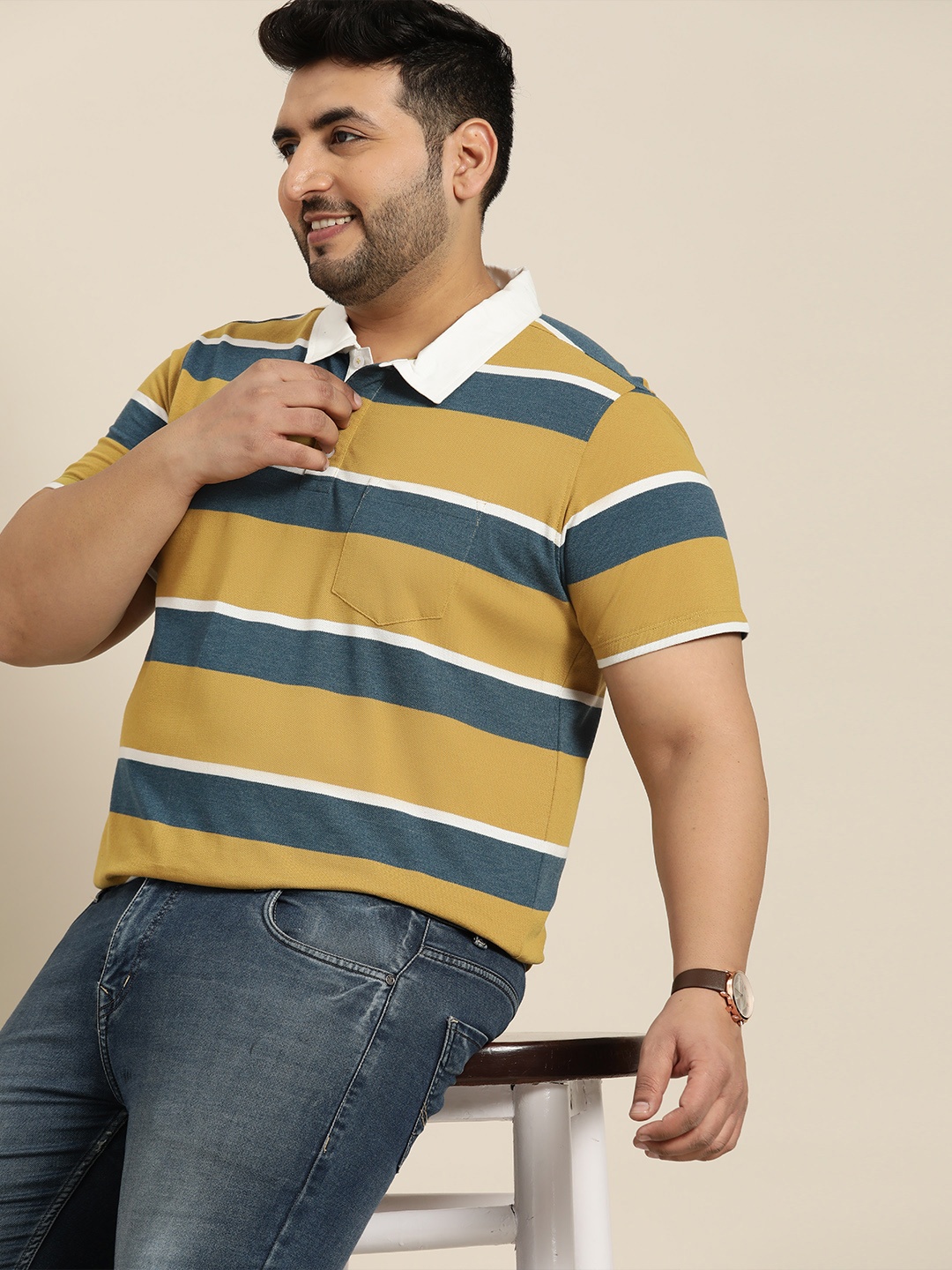 

Sztori Men Plus Size Mustard Yellow & Blue Striped Polo Collar T-shirt