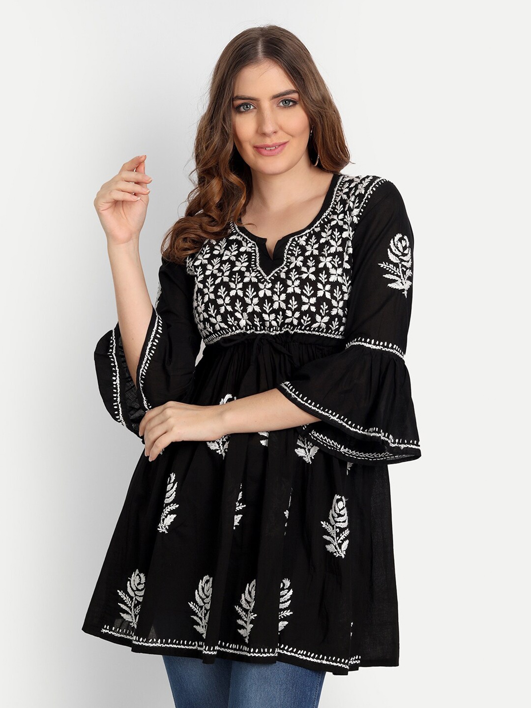 

Indiankala4u Black Hand Embroidered Chikankari Empire Kurti