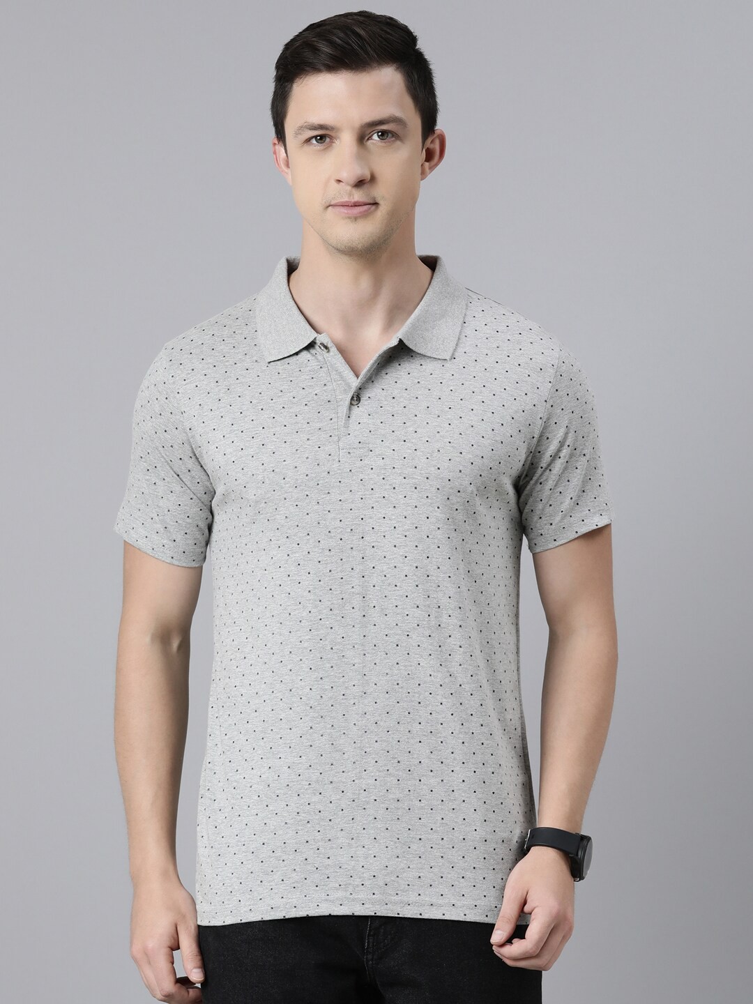 

Kryptic Men Grey Solid Melange Polo Collar Cotton T-shirt, Grey melange