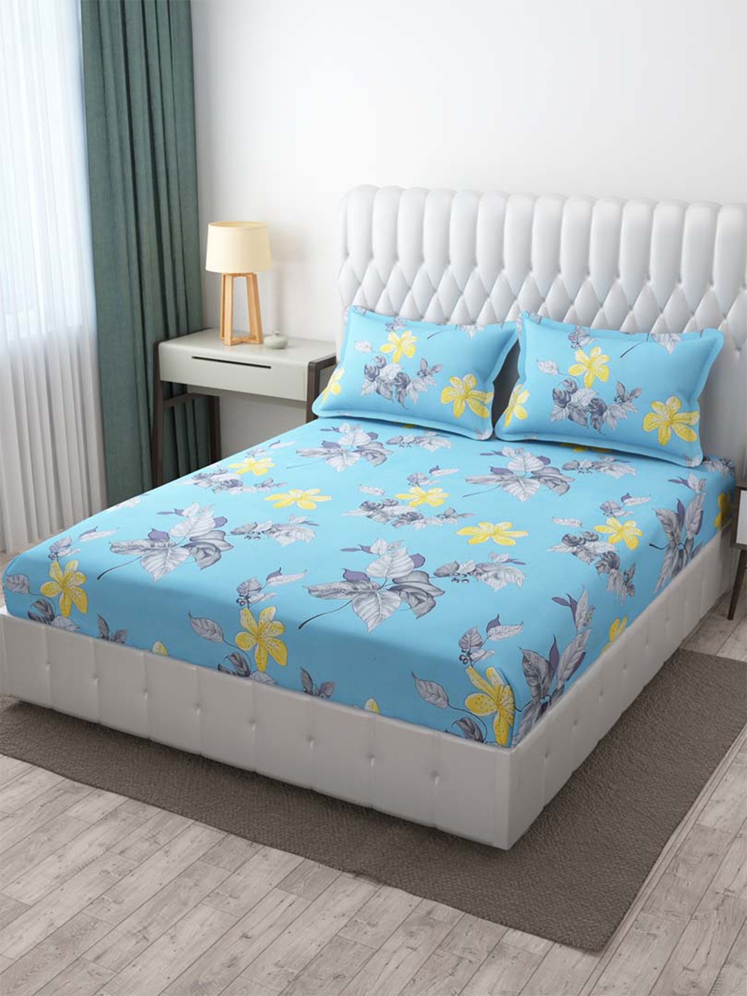 

Slushy Mushy Blue & Yellow Floral 300 TC King Bedsheet with 2 Pillow Covers