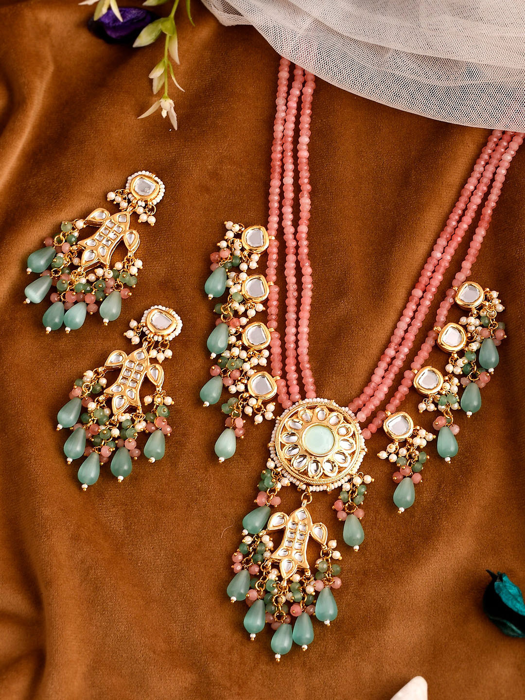 

DASTOOR Gold-Plated Blue & Pink Kundan-Studded Jewellery Set