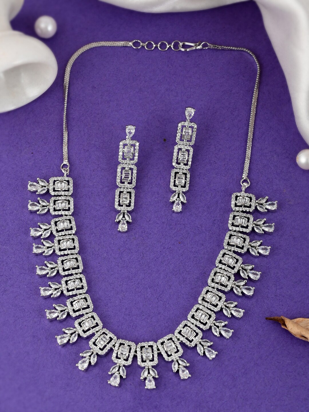 

DASTOOR Silver-Plated American Diamond-Studded Jewellery Set, White