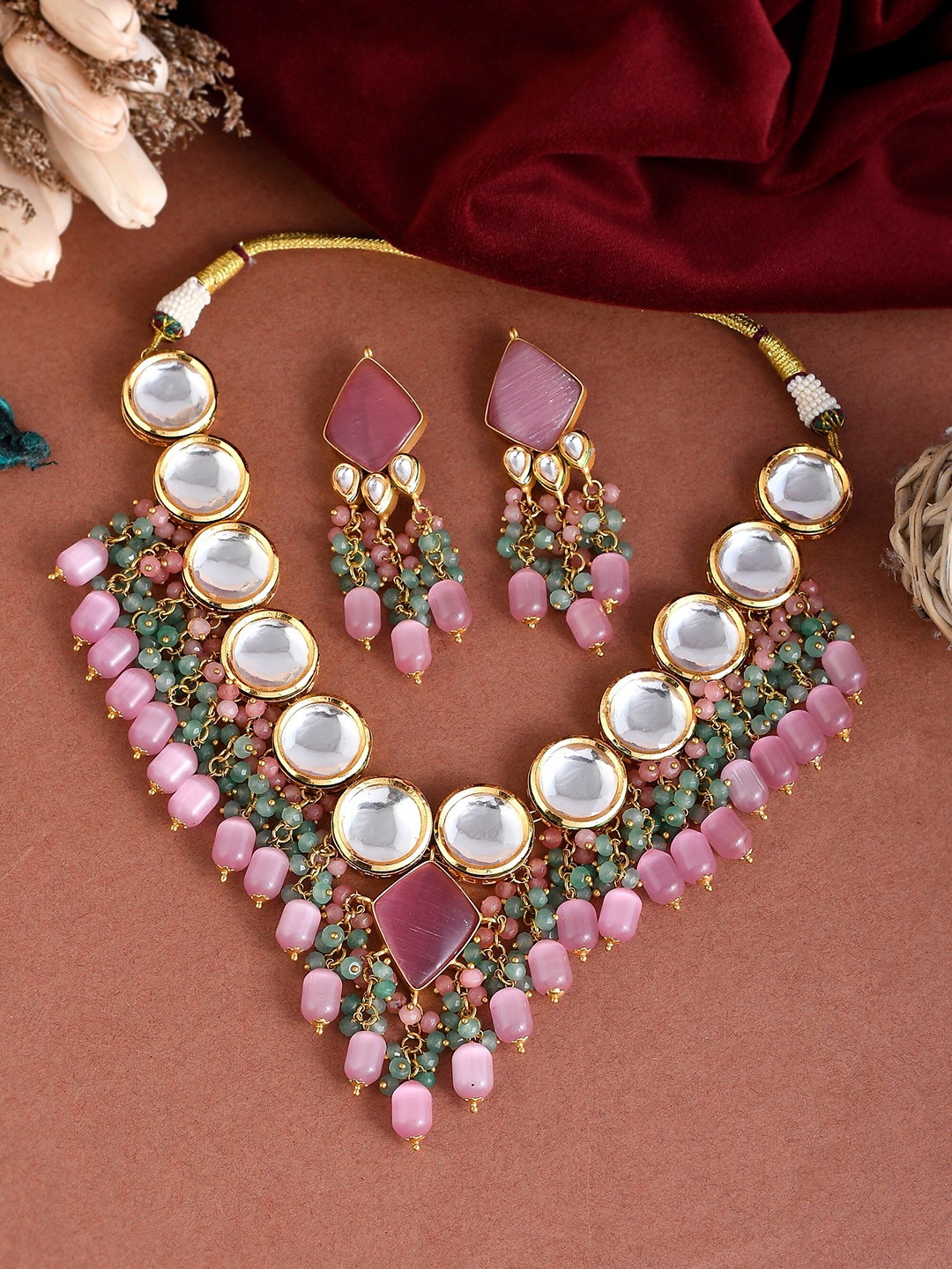 

DASTOOR Gold-Plated Pink & Green Kundan Studded Jewellery Set