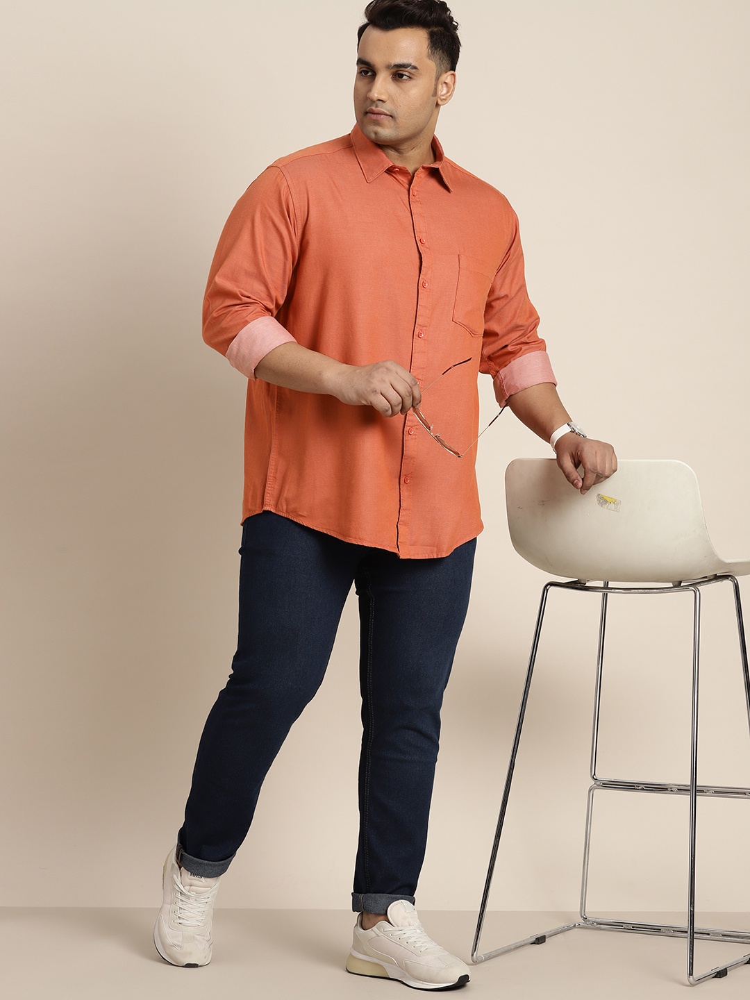 

Sztori Men Plus Size Pure Cotton Solid Casual Shirt, Orange