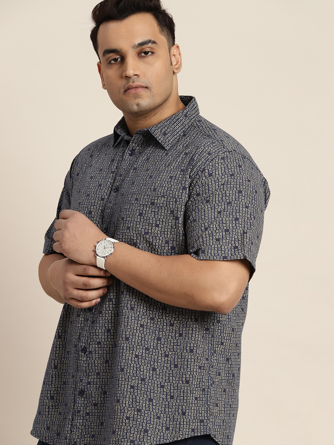 

Sztori Men Plus Size Pure Cotton Printed Casual Shirt, Navy blue