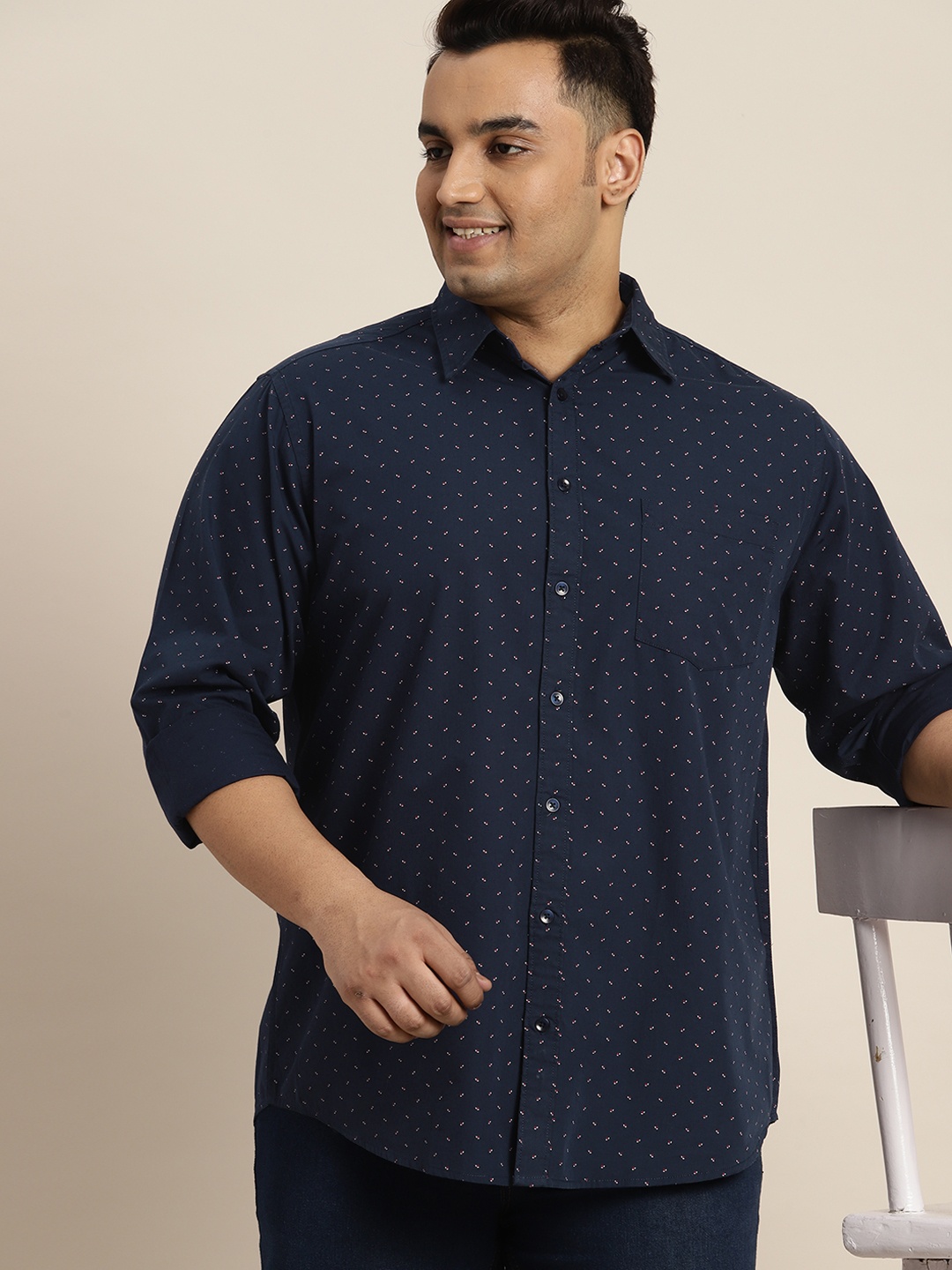 

Sztori Men Plus Size Pure Cotton Ditsy Print Casual Shirt, Navy blue