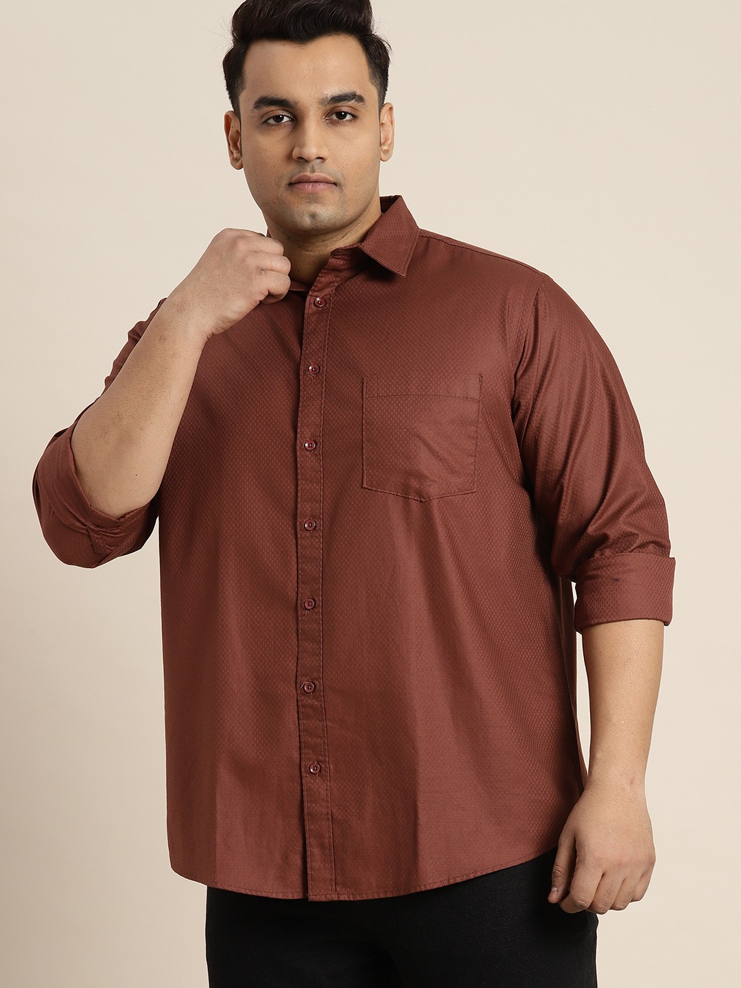 

Sztori Plus Size Pure Cotton Self-Design Casual Shirt, Brown