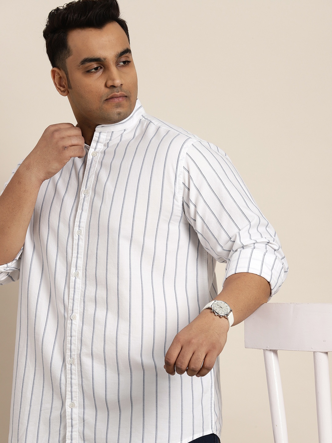 

Sztori Plus Size Pure Cotton Striped Casual Shirt, White