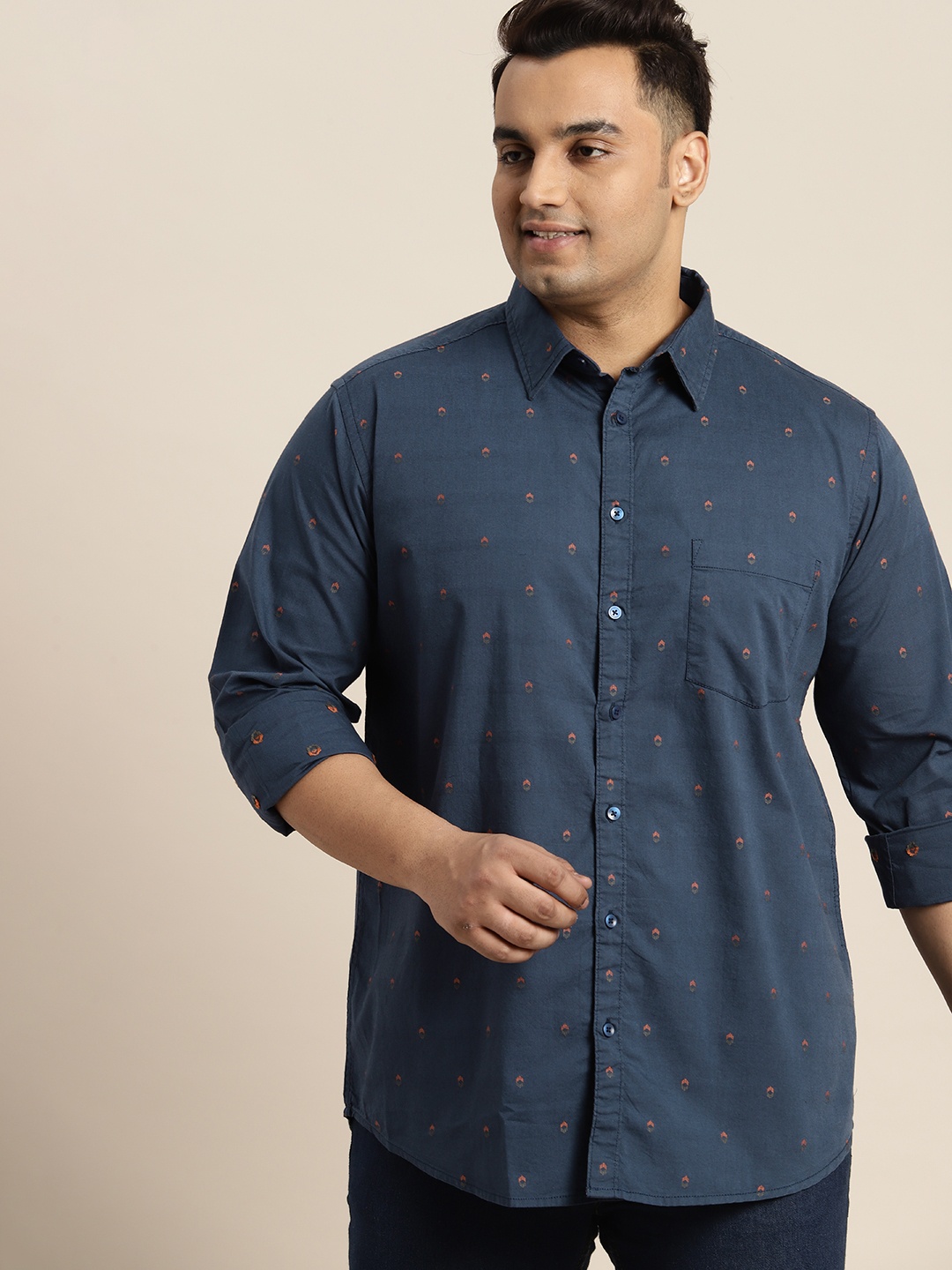 

Sztori Plus Size Pure Cotton Self-Design Casual Shirt, Navy blue