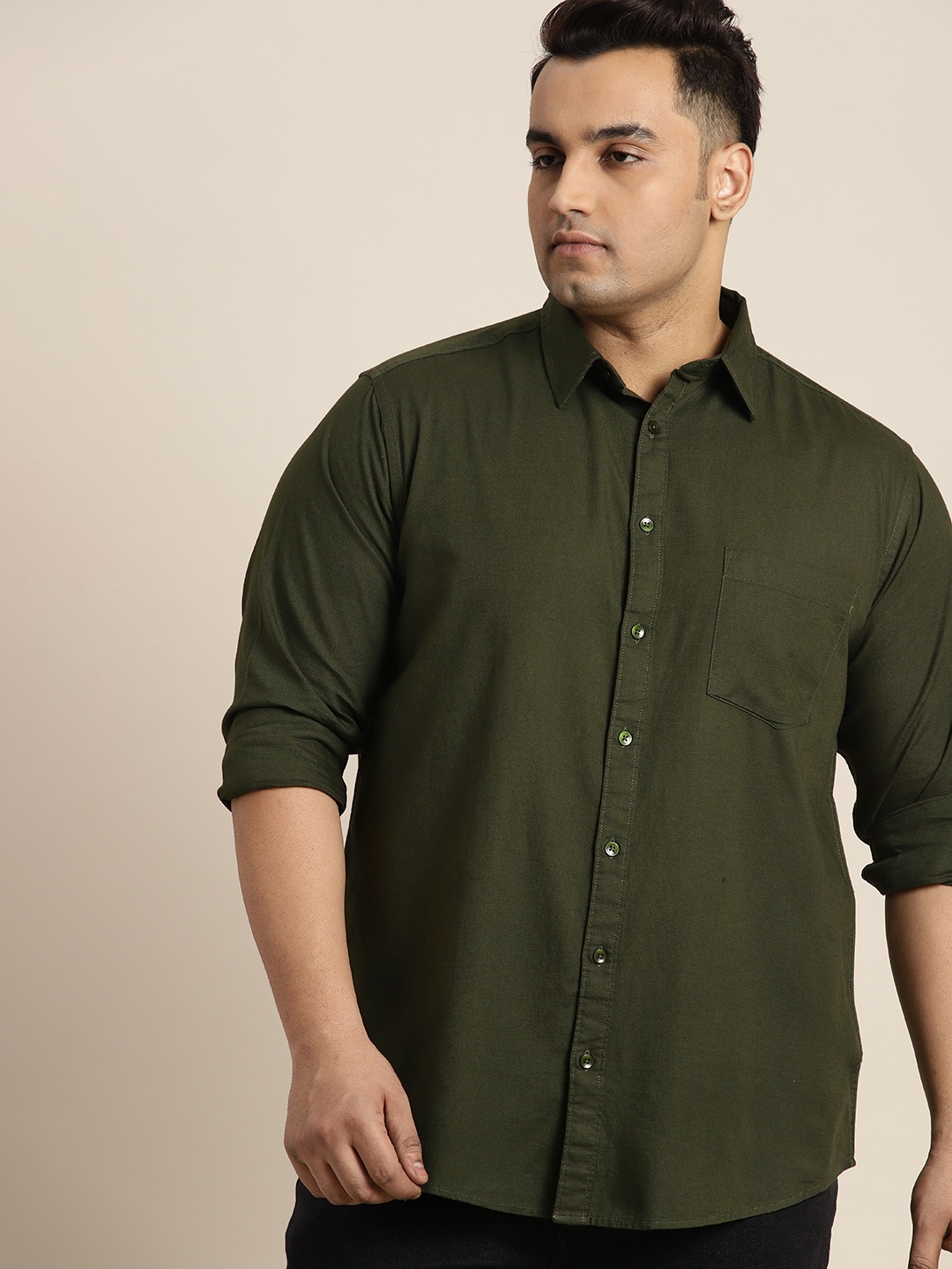 

Sztori Plus Size Pure Cotton Solid Casual Shirt, Olive