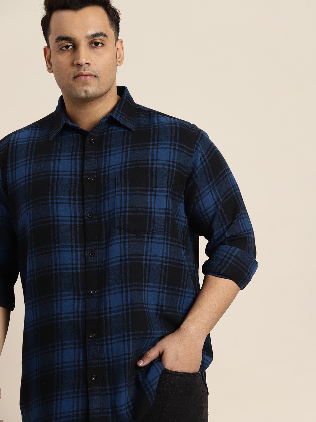 

Sztori Plus Size Pure Cotton Tartan Checked Casual Shirt, Navy blue