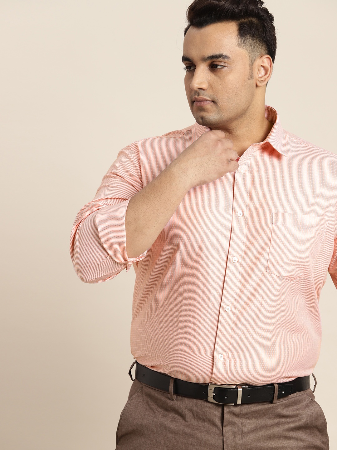 

Sztori Plus Size Pure Cotton Striped Formal Shirt, Peach