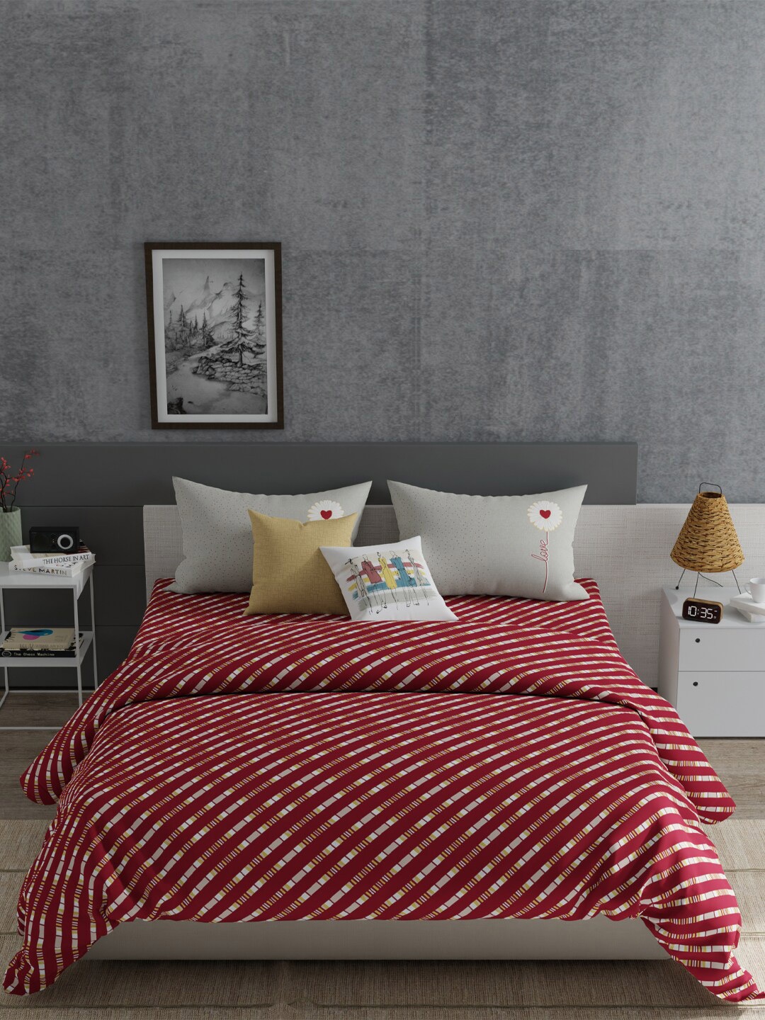 

MYTRIDENT Red Grey Striped 150 TC Cotton King Bedsheet with 2 Pillow Covers