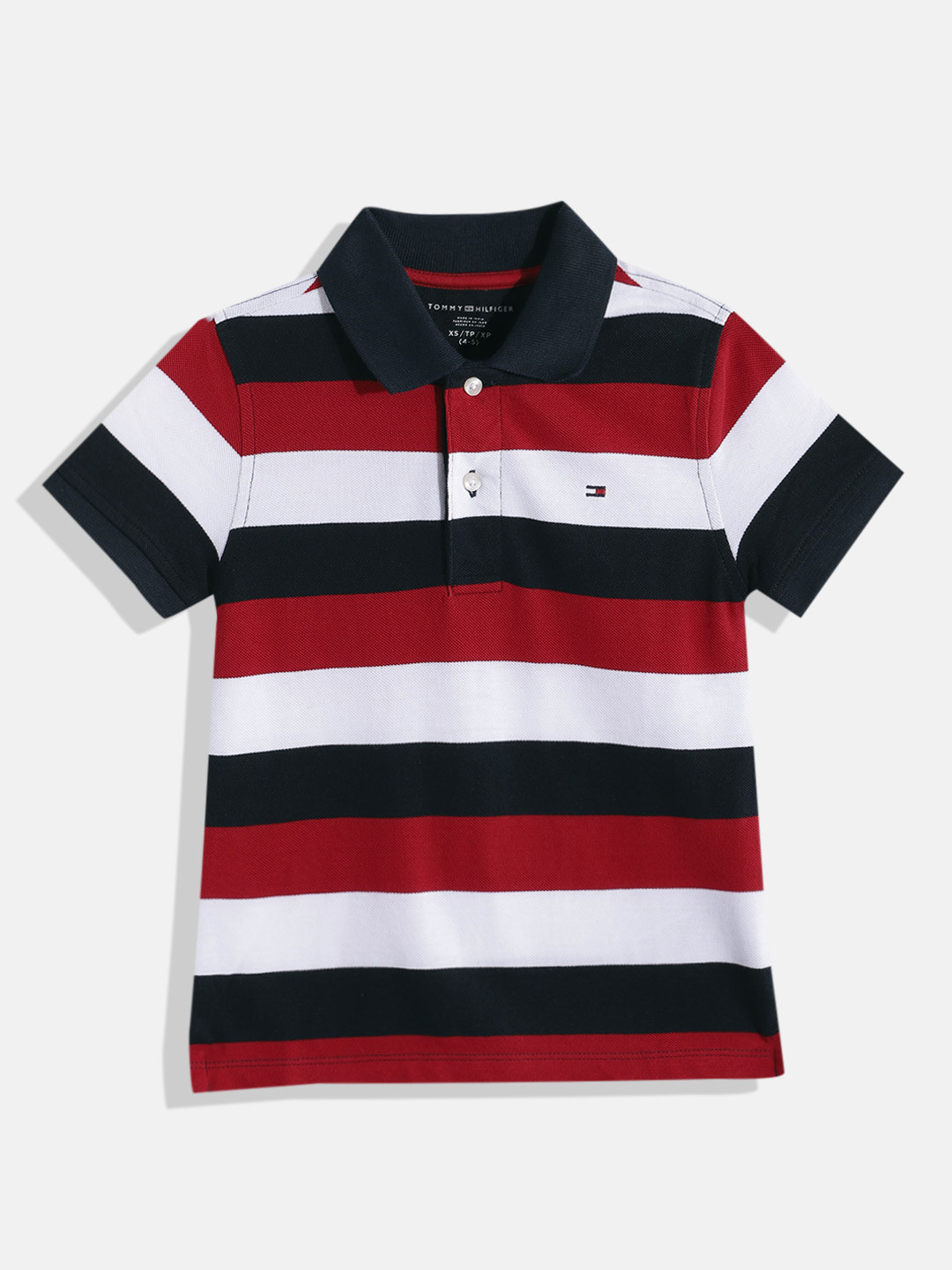 

Tommy Hilfiger Boys Pure Cotton Striped Polo Collar T-shirt, Navy blue